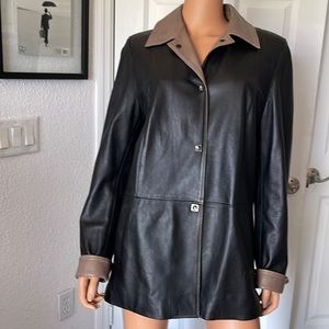 GORGEOUS VINTAGE PERUZZI LEATHER JACKET. EU 48/US 12/Large. Black w/tan leather.